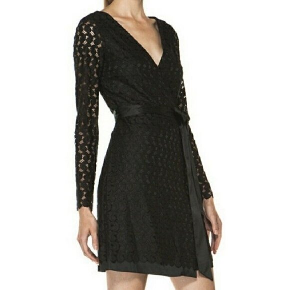 Diane von Furstenberg Sz 8 Black Lace Satin Tie Elegant Formal Wrap Dress RARE - Picture 6 of 14